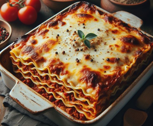 Lasaña tradicional con salsa boloñesa en una fuente de horno